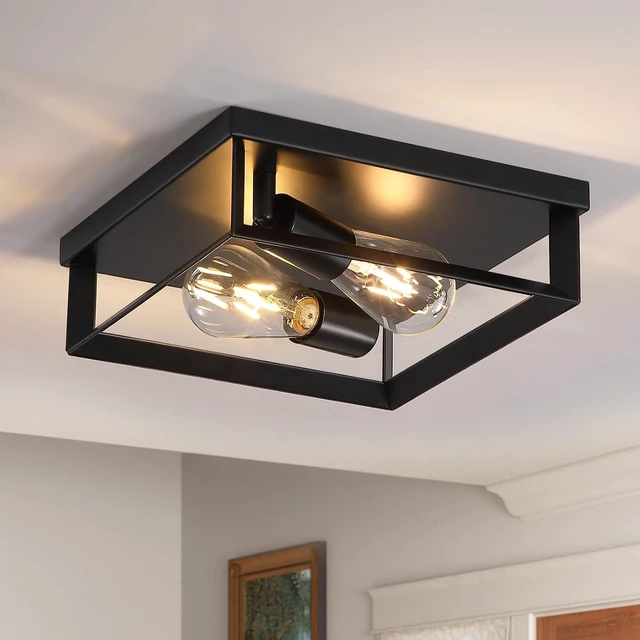 Alt view image 6 of 7 - 2 Pack Black Flush Mount Ceiling Light, 2-Light Industrial Farmhouse Ceiling Light Fixture with E26 Base, Modern Metal Square Close to Ceiling Light for Kitchen Hallway Entryway Living Room
