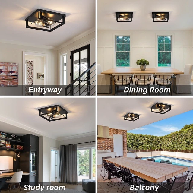 Alt view image 7 of 7 - 2 Pack Black Flush Mount Ceiling Light, 2-Light Industrial Farmhouse Ceiling Light Fixture with E26 Base, Modern Metal Square Close to Ceiling Light for Kitchen Hallway Entryway Living Room