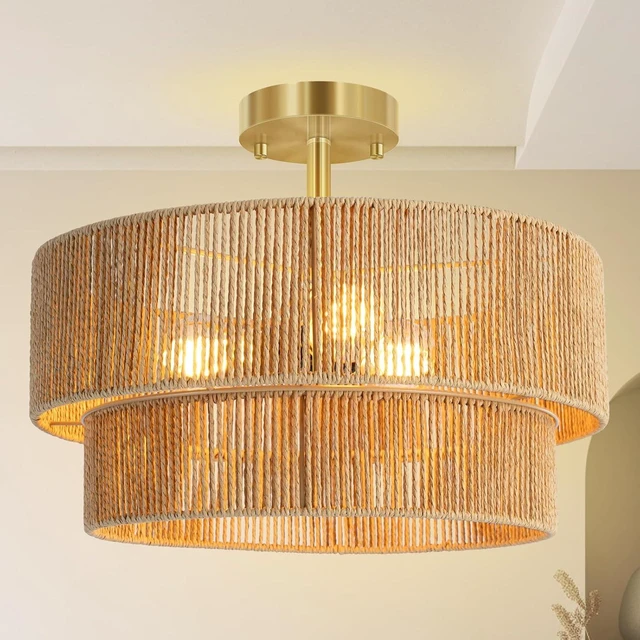 Main image of BoostArea 16.54 Boho 2-Tier Rattan Ceiling Light Fixture, Semi Flush Mount Woven Chandelier for Bedroom, Dining Room, Kitchen, Entryway, Living Room(Bulb not Included)