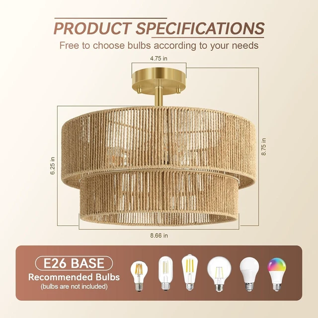 Alt view image 2 of 7 - BoostArea 16.54 Boho 2-Tier Rattan Ceiling Light Fixture, Semi Flush Mount Woven Chandelier for Bedroom, Dining Room, Kitchen, Entryway, Living Room(Bulb not Included)