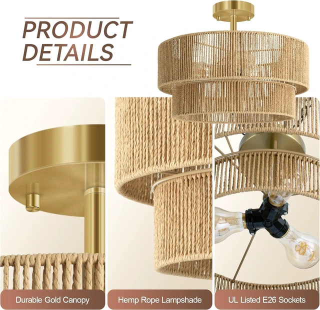 Alt view image 3 of 7 - BoostArea 16.54 Boho 2-Tier Rattan Ceiling Light Fixture, Semi Flush Mount Woven Chandelier for Bedroom, Dining Room, Kitchen, Entryway, Living Room(Bulb not Included)
