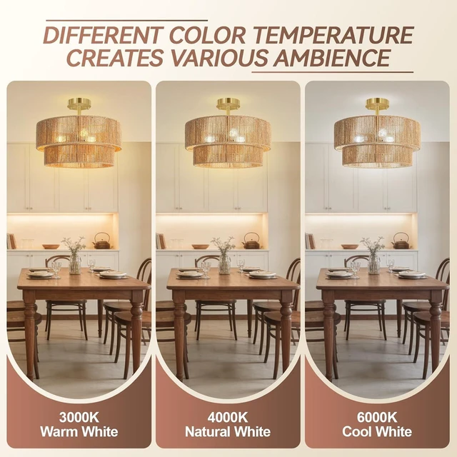 Alt view image 4 of 7 - BoostArea 16.54 Boho 2-Tier Rattan Ceiling Light Fixture, Semi Flush Mount Woven Chandelier for Bedroom, Dining Room, Kitchen, Entryway, Living Room(Bulb not Included)