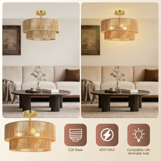 Alt view image 5 of 7 - BoostArea 16.54 Boho 2-Tier Rattan Ceiling Light Fixture, Semi Flush Mount Woven Chandelier for Bedroom, Dining Room, Kitchen, Entryway, Living Room(Bulb not Included)