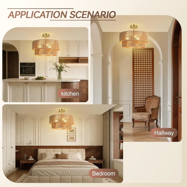 Alt view image 6 of 7 - BoostArea 16.54 Boho 2-Tier Rattan Ceiling Light Fixture, Semi Flush Mount Woven Chandelier for Bedroom, Dining Room, Kitchen, Entryway, Living Room(Bulb not Included)