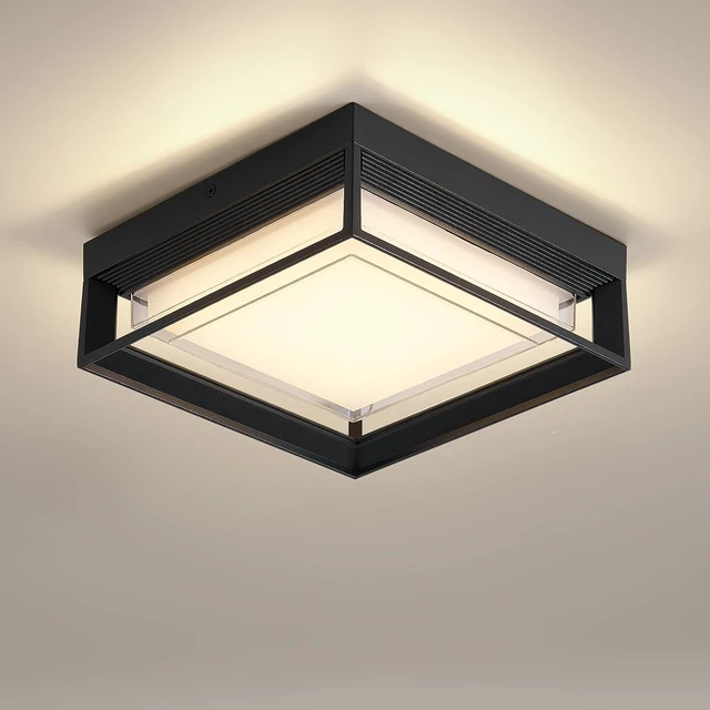 Main image of Outdoor Square Flush Mount LED Ceiling Light Fixture, 120V 24W=125W 3000K Warmlight 9 inch Medium Overhead Porch & Patio Lights Ceiling Mounted, Weatherproof, Black