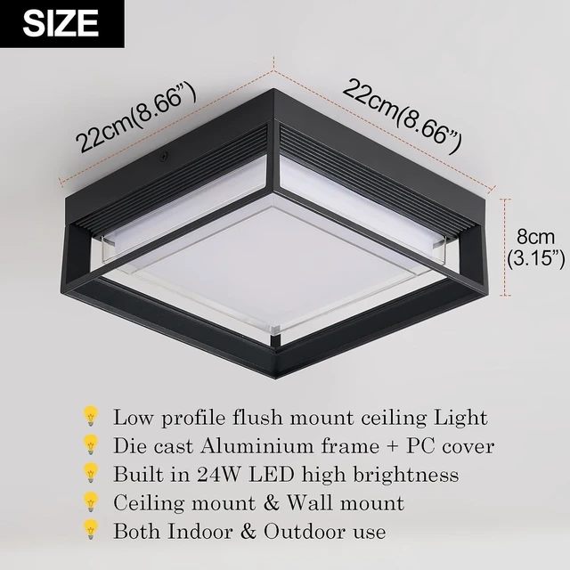 Alt view image 2 of 7 - Outdoor Square Flush Mount LED Ceiling Light Fixture, 120V 24W=125W 3000K Warmlight 9 inch Medium Overhead Porch & Patio Lights Ceiling Mounted, Weatherproof, Black