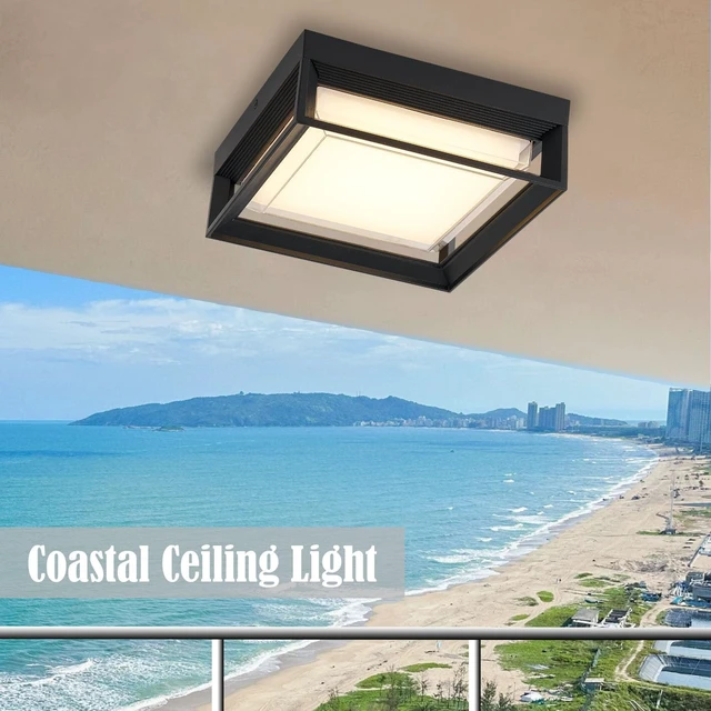 Alt view image 3 of 7 - Outdoor Square Flush Mount LED Ceiling Light Fixture, 120V 24W=125W 3000K Warmlight 9 inch Medium Overhead Porch & Patio Lights Ceiling Mounted, Weatherproof, Black
