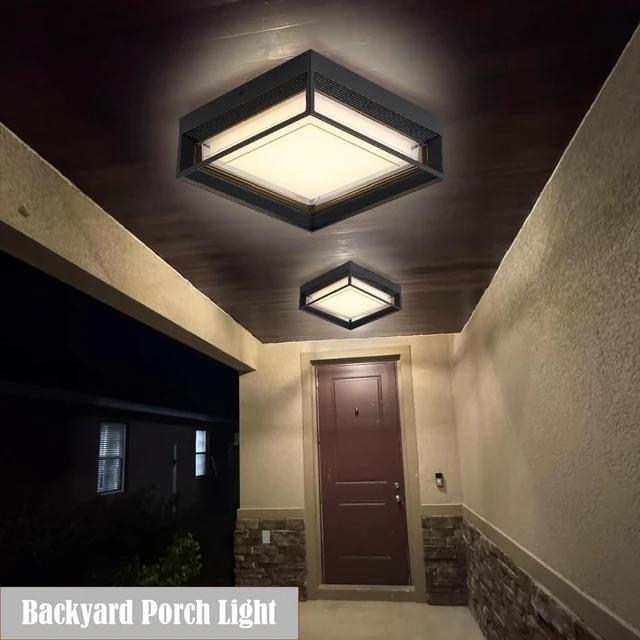 Alt view image 4 of 7 - Outdoor Square Flush Mount LED Ceiling Light Fixture, 120V 24W=125W 3000K Warmlight 9 inch Medium Overhead Porch & Patio Lights Ceiling Mounted, Weatherproof, Black