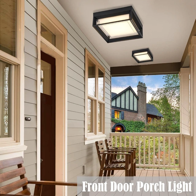 Alt view image 5 of 7 - Outdoor Square Flush Mount LED Ceiling Light Fixture, 120V 24W=125W 3000K Warmlight 9 inch Medium Overhead Porch & Patio Lights Ceiling Mounted, Weatherproof, Black