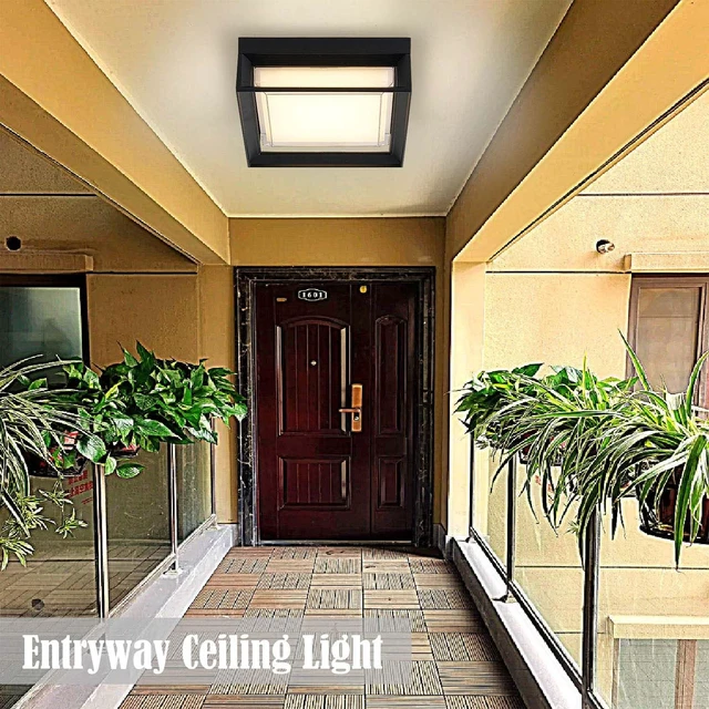 Alt view image 6 of 7 - Outdoor Square Flush Mount LED Ceiling Light Fixture, 120V 24W=125W 3000K Warmlight 9 inch Medium Overhead Porch & Patio Lights Ceiling Mounted, Weatherproof, Black
