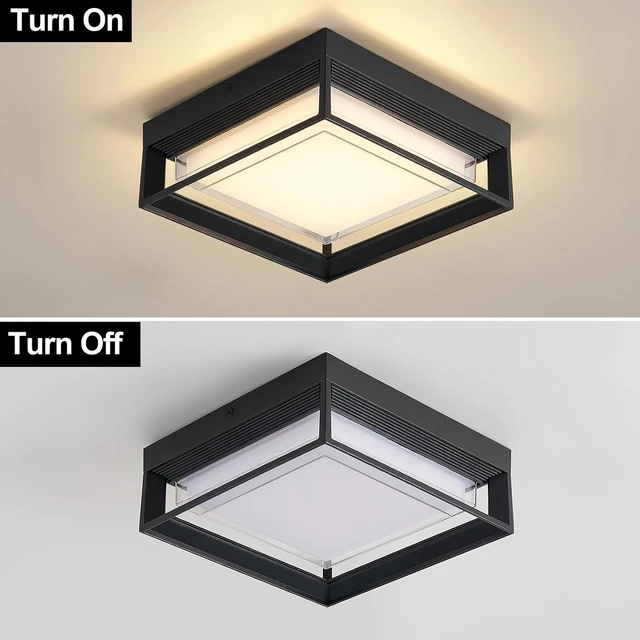 Alt view image 7 of 7 - Outdoor Square Flush Mount LED Ceiling Light Fixture, 120V 24W=125W 3000K Warmlight 9 inch Medium Overhead Porch & Patio Lights Ceiling Mounted, Weatherproof, Black