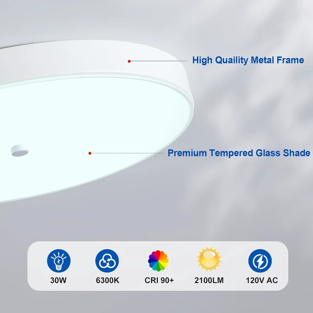 Alt view image 3 of 7 - 2 Pack 12 Inch LED Flush Mount Ceiling Light, Modern White Ceiling Light with Metal Frame and Tempered Glass Shade for Bedroom Laundry Kitchen, 30W 6300K