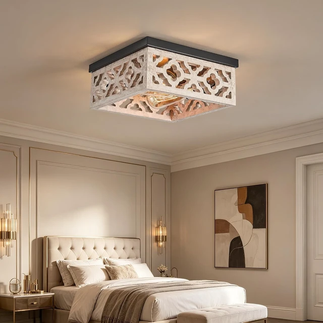Alt view image 2 of 7 - Tarentlight Farmhouse Flush Mount Ceiling Lights, Matte Black Metal & Distressed White MDF Vintage Close to Ceiling Light Fixtures for Kitchen Bedroom DiningRoom Hallway Entryway Foyer Closet Laundry