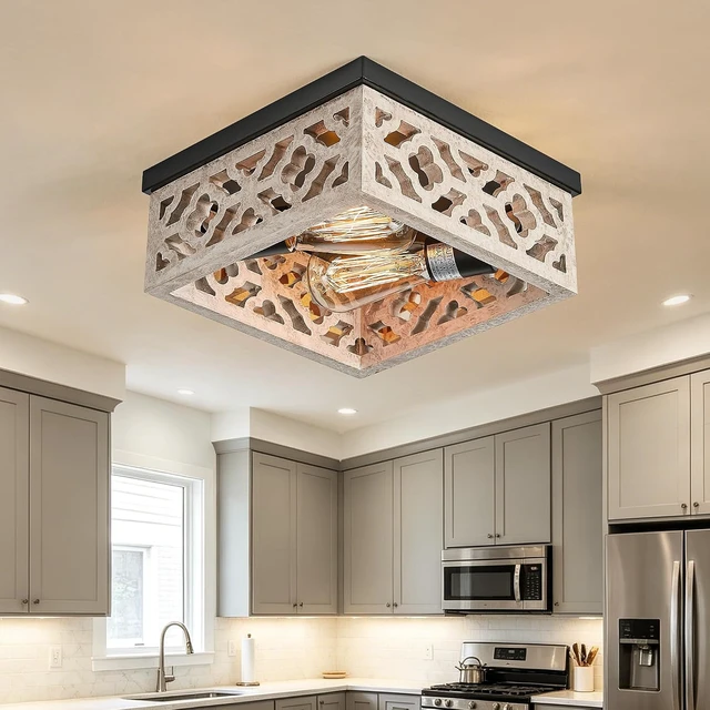 Alt view image 3 of 7 - Tarentlight Farmhouse Flush Mount Ceiling Lights, Matte Black Metal & Distressed White MDF Vintage Close to Ceiling Light Fixtures for Kitchen Bedroom DiningRoom Hallway Entryway Foyer Closet Laundry