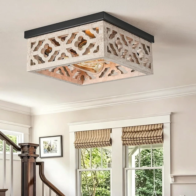 Alt view image 4 of 7 - Tarentlight Farmhouse Flush Mount Ceiling Lights, Matte Black Metal & Distressed White MDF Vintage Close to Ceiling Light Fixtures for Kitchen Bedroom DiningRoom Hallway Entryway Foyer Closet Laundry