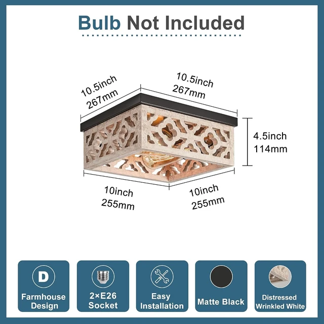 Alt view image 5 of 7 - Tarentlight Farmhouse Flush Mount Ceiling Lights, Matte Black Metal & Distressed White MDF Vintage Close to Ceiling Light Fixtures for Kitchen Bedroom DiningRoom Hallway Entryway Foyer Closet Laundry