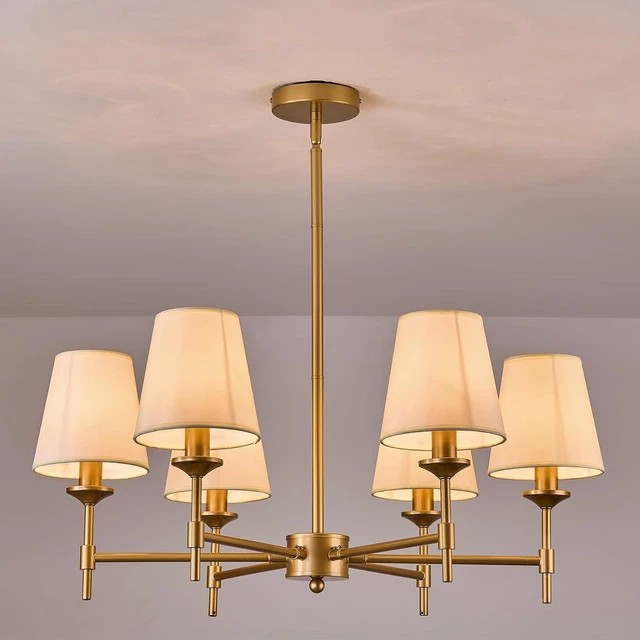 Main image of Gold Chandelier with Shades 6 Light Ceiling Light Fixture with Linen Fabric Farmhouse Pendant Lights for Bedroom Kitchen Dining Room Living Room Foyer