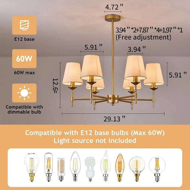 Alt view image 2 of 7 - Gold Chandelier with Shades 6 Light Ceiling Light Fixture with Linen Fabric Farmhouse Pendant Lights for Bedroom Kitchen Dining Room Living Room Foyer