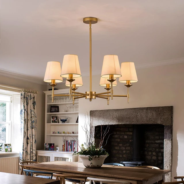 Alt view image 7 of 7 - Gold Chandelier with Shades 6 Light Ceiling Light Fixture with Linen Fabric Farmhouse Pendant Lights for Bedroom Kitchen Dining Room Living Room Foyer