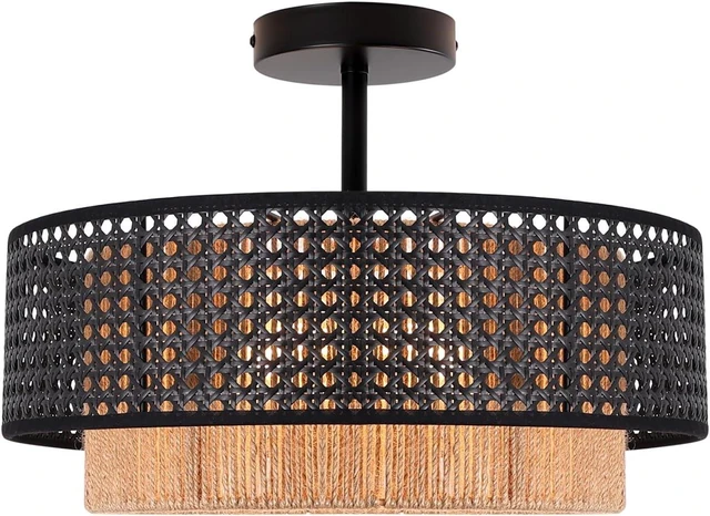 Main image of Boho Rattan Semi-Flush Mount Ceiling Light Fixture
