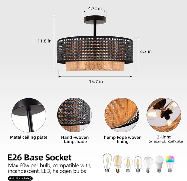 Alt view image 2 of 7 - Boho Rattan Semi-Flush Mount Ceiling Light Fixture