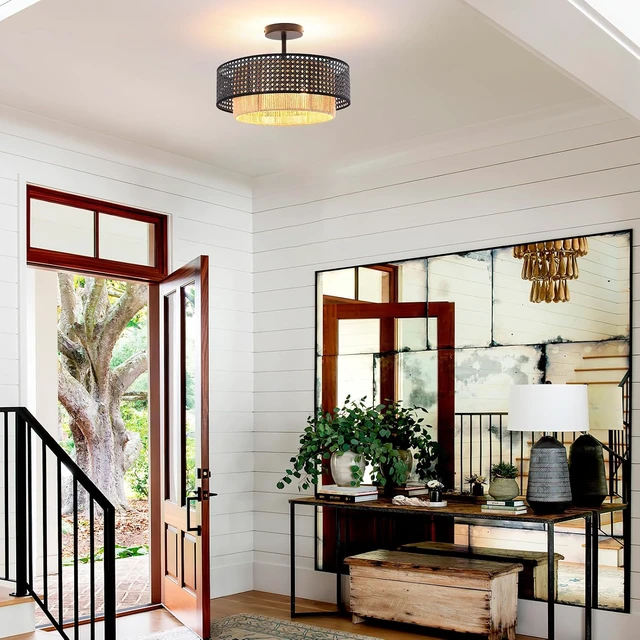Alt view image 3 of 7 - Boho Rattan Semi-Flush Mount Ceiling Light Fixture