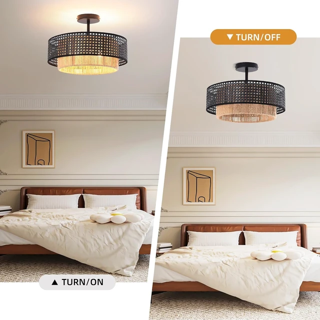Alt view image 4 of 7 - Boho Rattan Semi-Flush Mount Ceiling Light Fixture