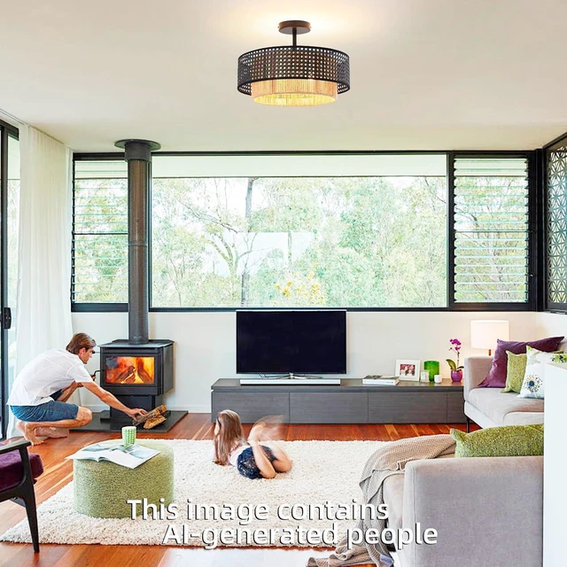 Alt view image 5 of 7 - Boho Rattan Semi-Flush Mount Ceiling Light Fixture