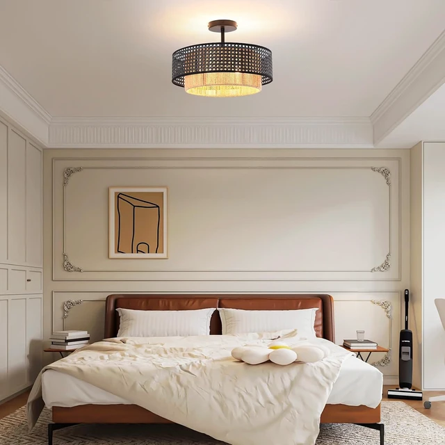 Alt view image 6 of 7 - Boho Rattan Semi-Flush Mount Ceiling Light Fixture