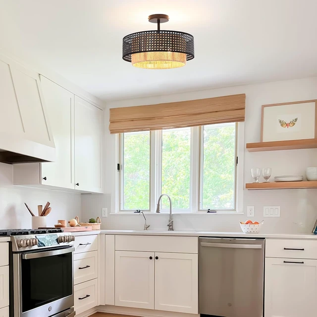 Alt view image 7 of 7 - Boho Rattan Semi-Flush Mount Ceiling Light Fixture