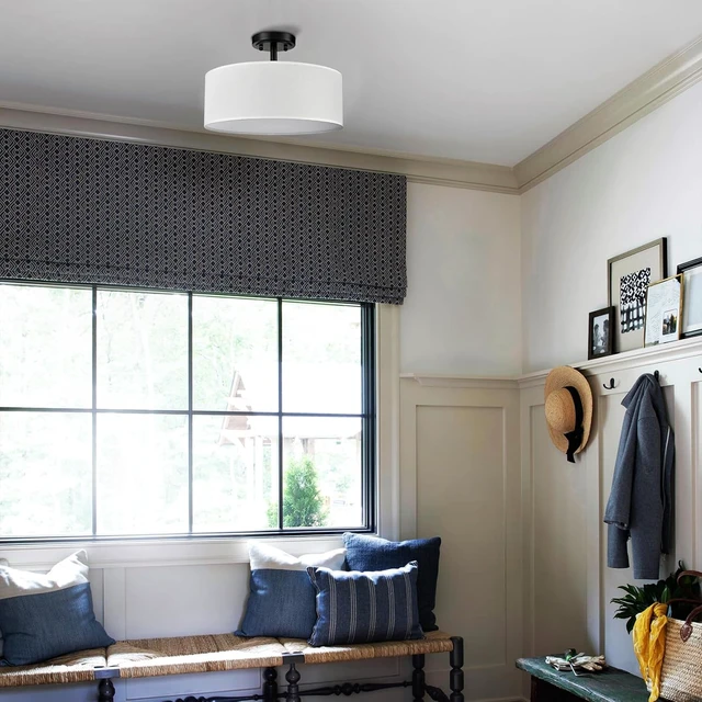 Alt view image 7 of 7 - Modern Black Semi Flush Mount Ceiling Light Drum Light Fixtures