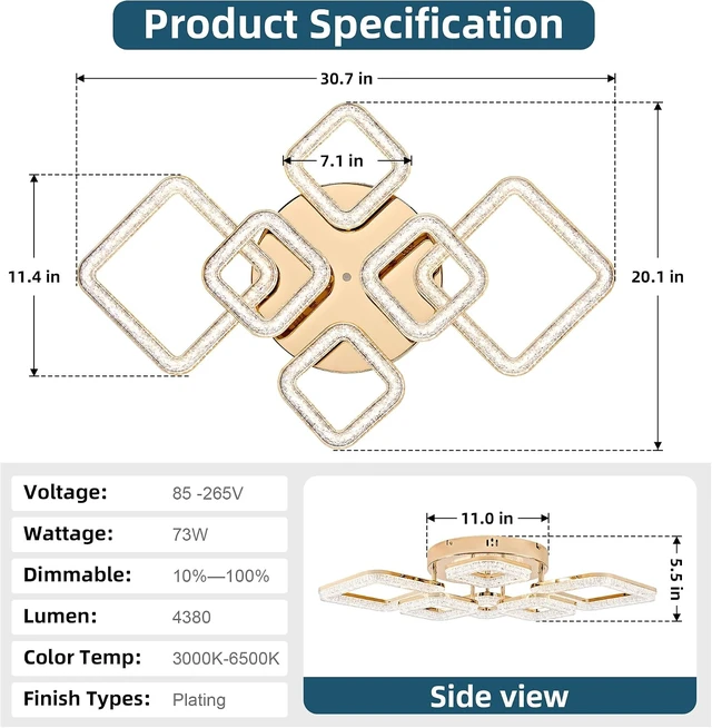 Alt view image 3 of 7 - Modern LED 6-Ring Flush Mount Ceiling Light with Remote Control, Gold, 73W