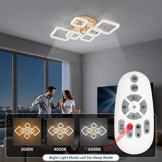 Alt view image 6 of 7 - Modern LED 6-Ring Flush Mount Ceiling Light with Remote Control, Gold, 73W
