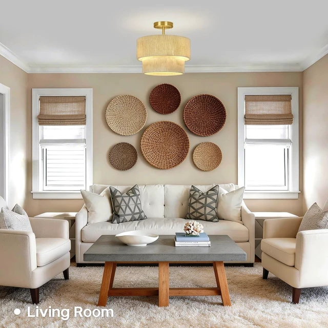 Alt view image 6 of 7 - 12.6 Modern Boho Rattan Style Drum Ceiling Light Fixture, White Woven Semi Flush Mount Chandelier Light for Bedroom Living Room Kitchen Dining Hallway Entryway, Coastal Ceiling Light Fixture