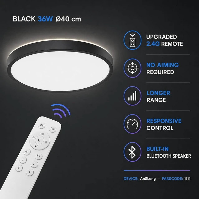 Alt view image 3 of 7 - 16inch 36W Black Flush Mount Ceiling Light with Bluetooth Speaker