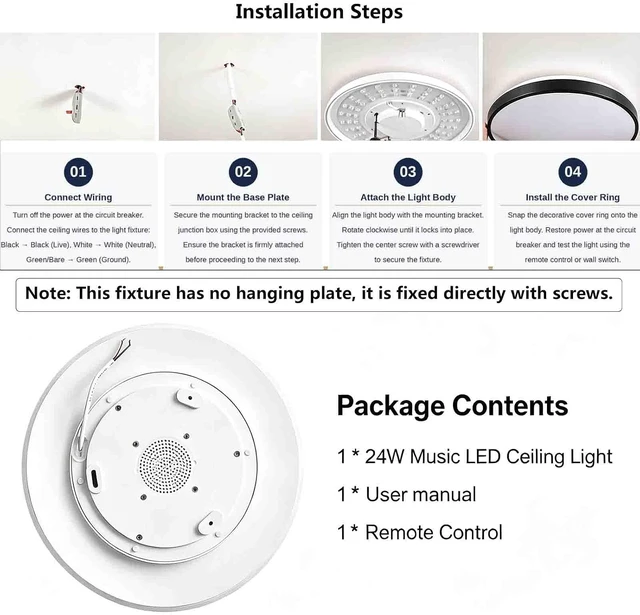 Alt view image 4 of 7 - 16inch 36W Black Flush Mount Ceiling Light with Bluetooth Speaker