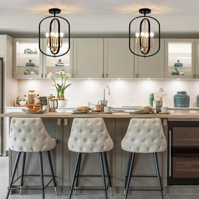 Alt view image 2 of 7 - Black Gold Semi Flush Mount Ceiling Light Fixture, Modern Close to Ceiling Light Fixtures Ceiling Mount, Dimmable Foyer Kitchen Lighting Fixtures Ceiling Lights for Bedroom, Hallway, Entryway