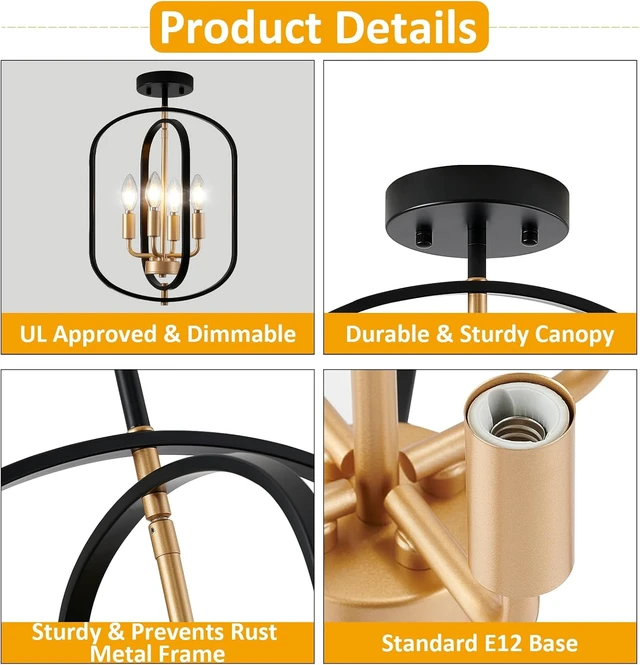 Alt view image 5 of 7 - Black Gold Semi Flush Mount Ceiling Light Fixture, Modern Close to Ceiling Light Fixtures Ceiling Mount, Dimmable Foyer Kitchen Lighting Fixtures Ceiling Lights for Bedroom, Hallway, Entryway