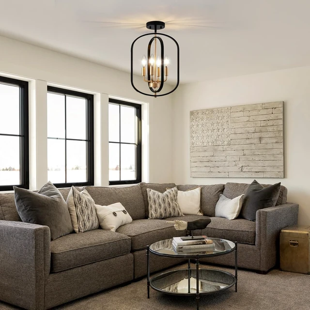 Alt view image 6 of 7 - Black Gold Semi Flush Mount Ceiling Light Fixture, Modern Close to Ceiling Light Fixtures Ceiling Mount, Dimmable Foyer Kitchen Lighting Fixtures Ceiling Lights for Bedroom, Hallway, Entryway