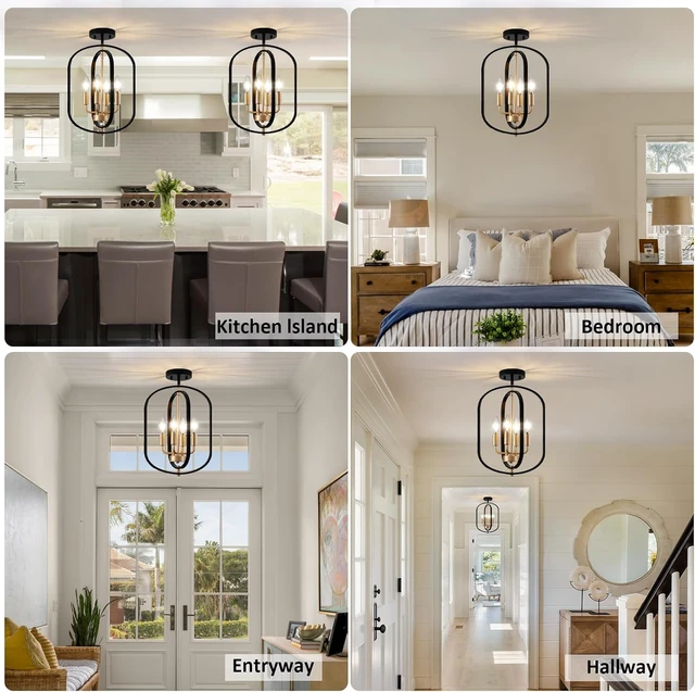 Alt view image 7 of 7 - Black Gold Semi Flush Mount Ceiling Light Fixture, Modern Close to Ceiling Light Fixtures Ceiling Mount, Dimmable Foyer Kitchen Lighting Fixtures Ceiling Lights for Bedroom, Hallway, Entryway