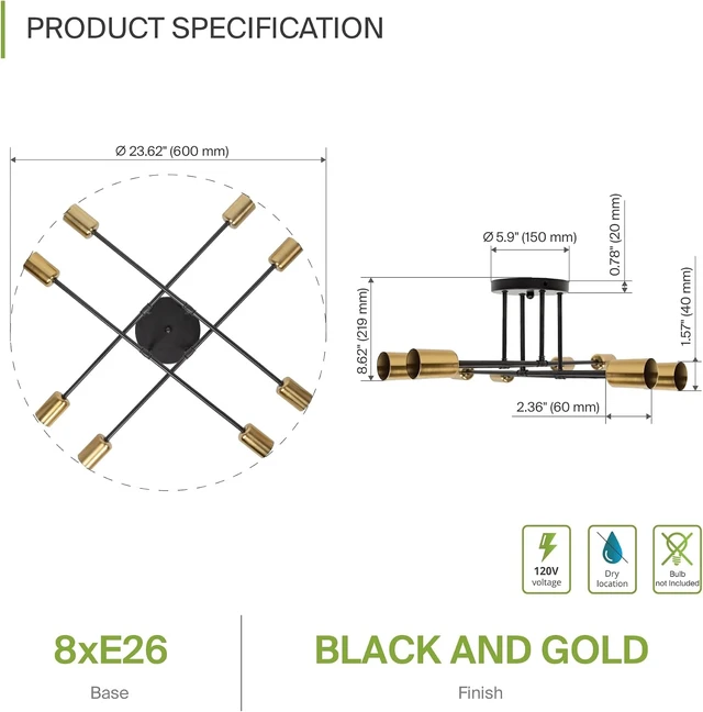 Alt view image 2 of 7 - ASD Modern Sputnik Chandelier, 8 Lights E26 Base Black & Gold ETL