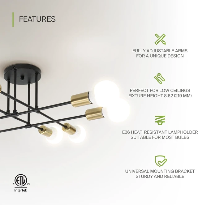 Alt view image 3 of 7 - ASD Modern Sputnik Chandelier, 8 Lights E26 Base Black & Gold ETL