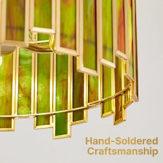 Alt view image 4 of 7 - 16" Tiffany Stained Glass Chandelier, Green Art Deco Light Fixture