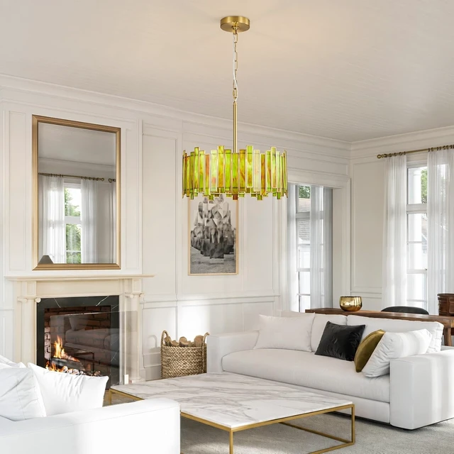 Alt view image 7 of 7 - 16" Tiffany Stained Glass Chandelier, Green Art Deco Light Fixture