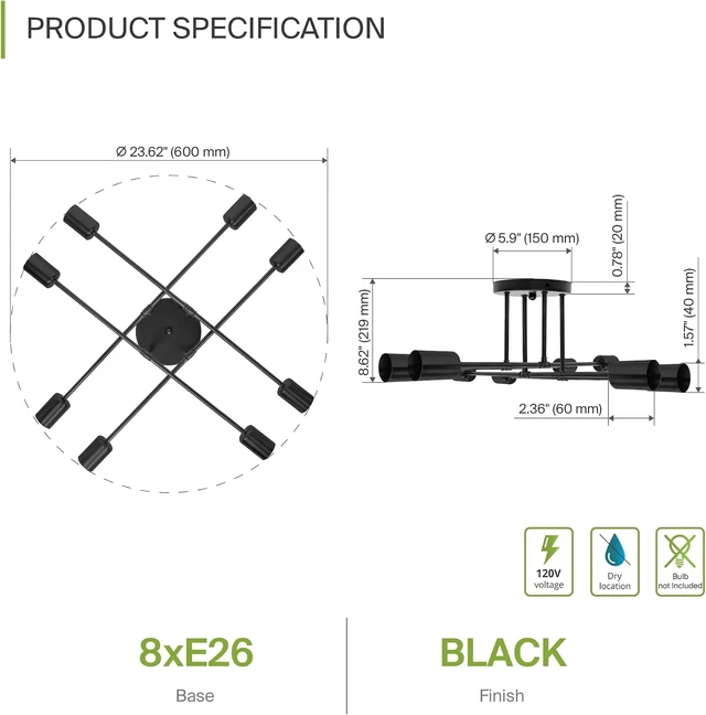 Alt view image 2 of 7 - ASD Modern Sputnik Chandelier, 8 Lights E26 Base Black ETL