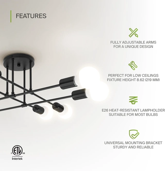 Alt view image 3 of 7 - ASD Modern Sputnik Chandelier, 8 Lights E26 Base Black ETL