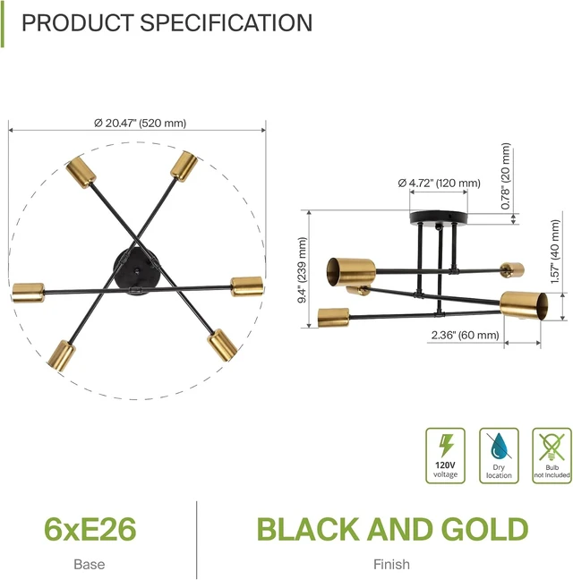 Alt view image 2 of 7 - ASD Modern Sputnik Chandelier, 6 Lights E26 Base Black & Gold ETL