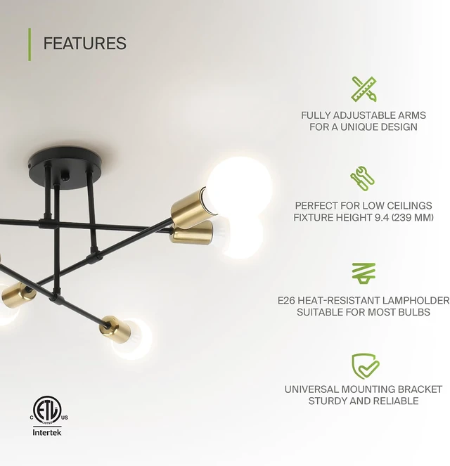 Alt view image 3 of 7 - ASD Modern Sputnik Chandelier, 6 Lights E26 Base Black & Gold ETL