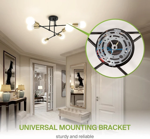 Alt view image 7 of 7 - ASD Modern Sputnik Chandelier, 6 Lights E26 Base Black & Gold ETL
