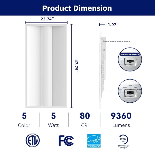 Alt view image 5 of 7 - 8Pack 2x4 FT LED Center Basket Troffer Light, 5CCT Color Tunable 3000/3500/4000/5000/6500K, Watt Adjustable 72W/60/50/40/30W, 0-10V Dimmable Drop Ceiling Lights, 120-277V-ETL Qualified